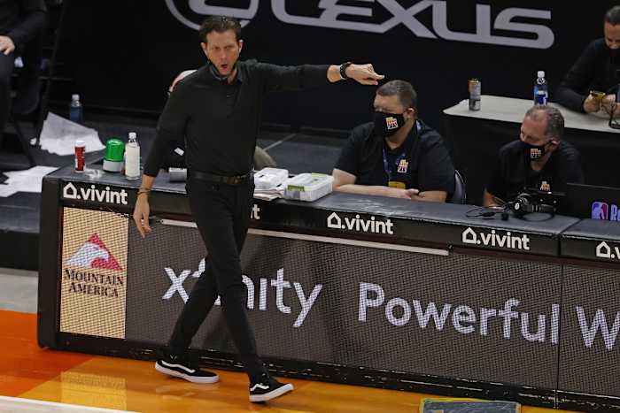 Head Coach Quin Snyder with the call from the sidelines